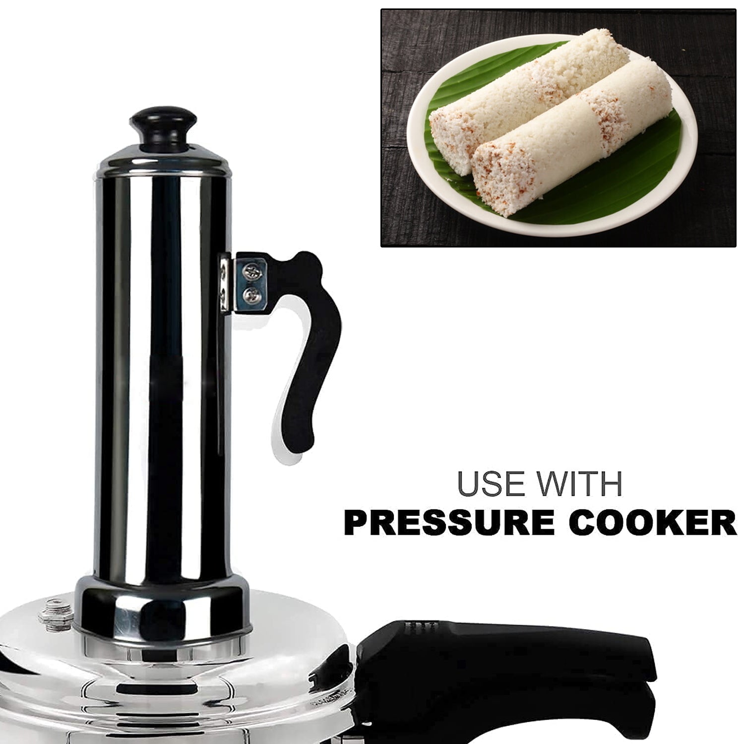 5311 Puttu Maker With Steamer Plate Metal Stick Black Plastic Handle Silver Lid  Puttu Maker Set  To Use With Pressure Cooker Top Food Grade Stainless Steel