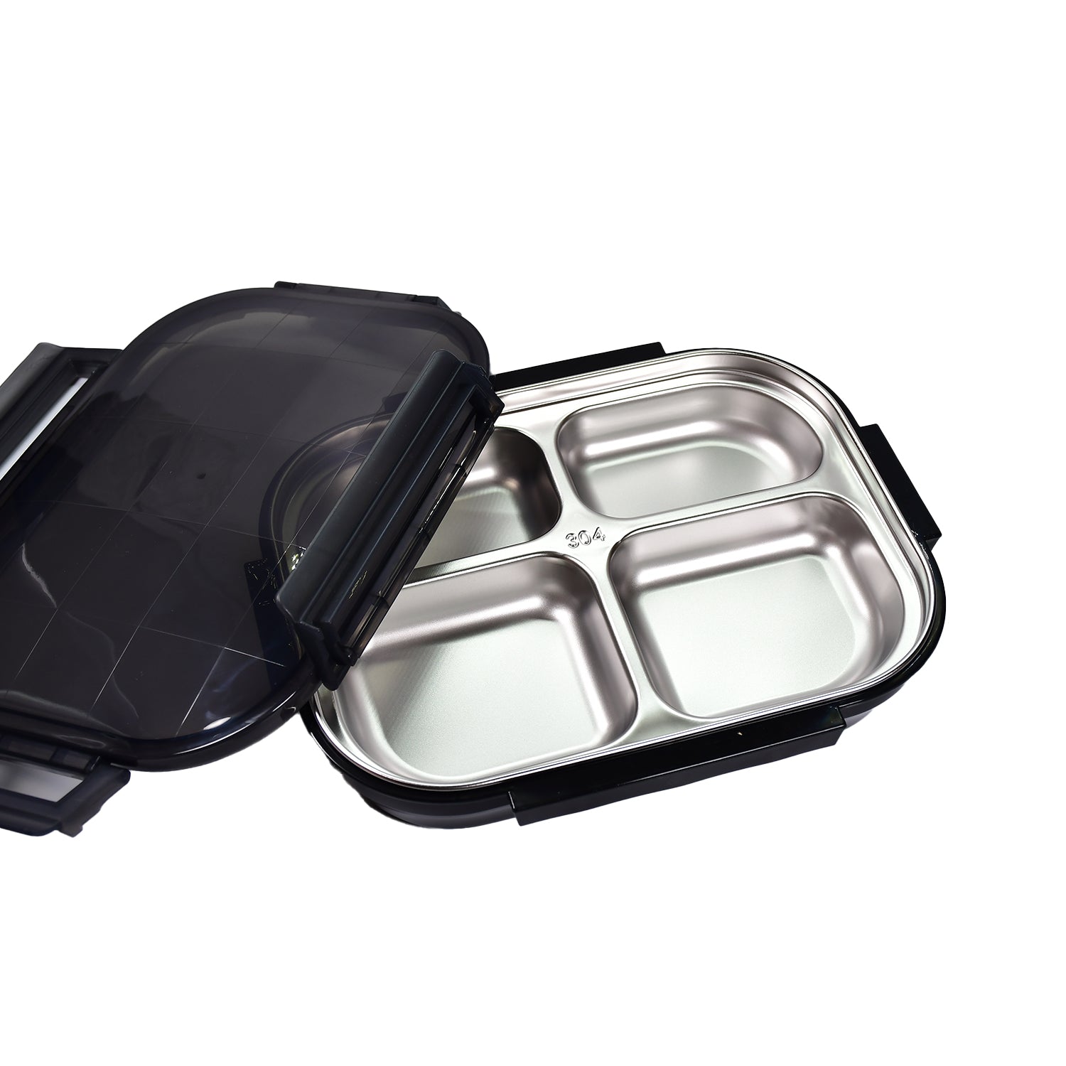 2979 Black Transparent 4 Compartment Lunch Box For Kids And Adults Stainless Steel Lunch Box With 4 Compartments.