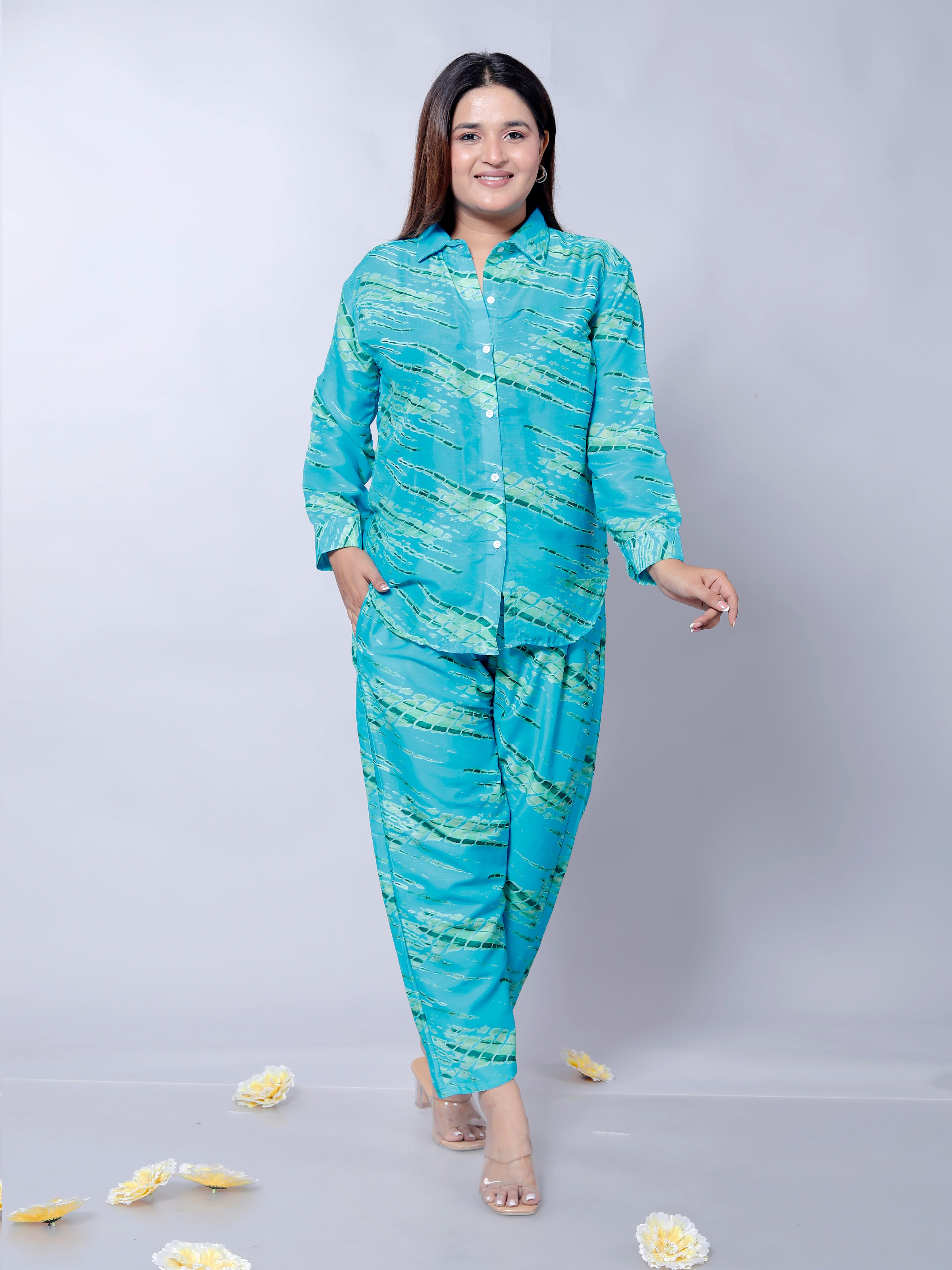 Women's Sky Blue Leheriya Print Co-ord Set