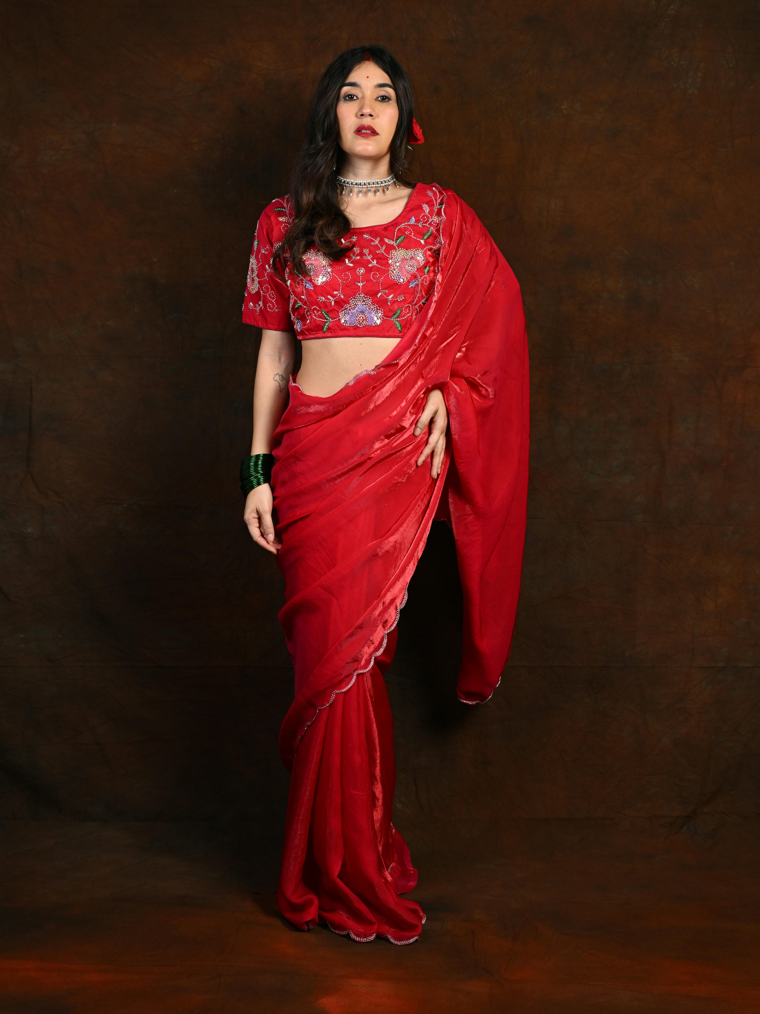 Premium Space Silk Saree with Handwork and Embroidered Blouse (Unstitched)