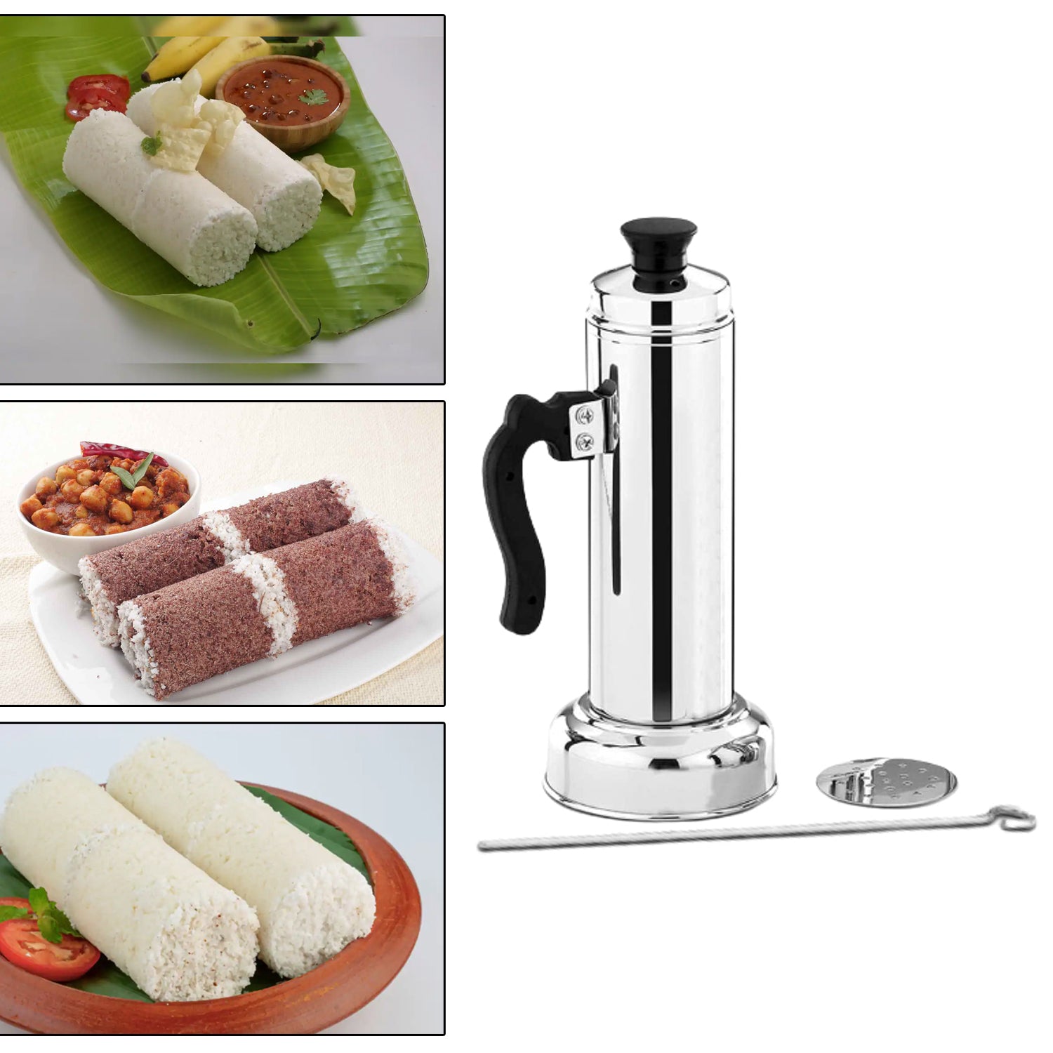 5311 Puttu Maker With Steamer Plate Metal Stick Black Plastic Handle Silver Lid  Puttu Maker Set  To Use With Pressure Cooker Top Food Grade Stainless Steel