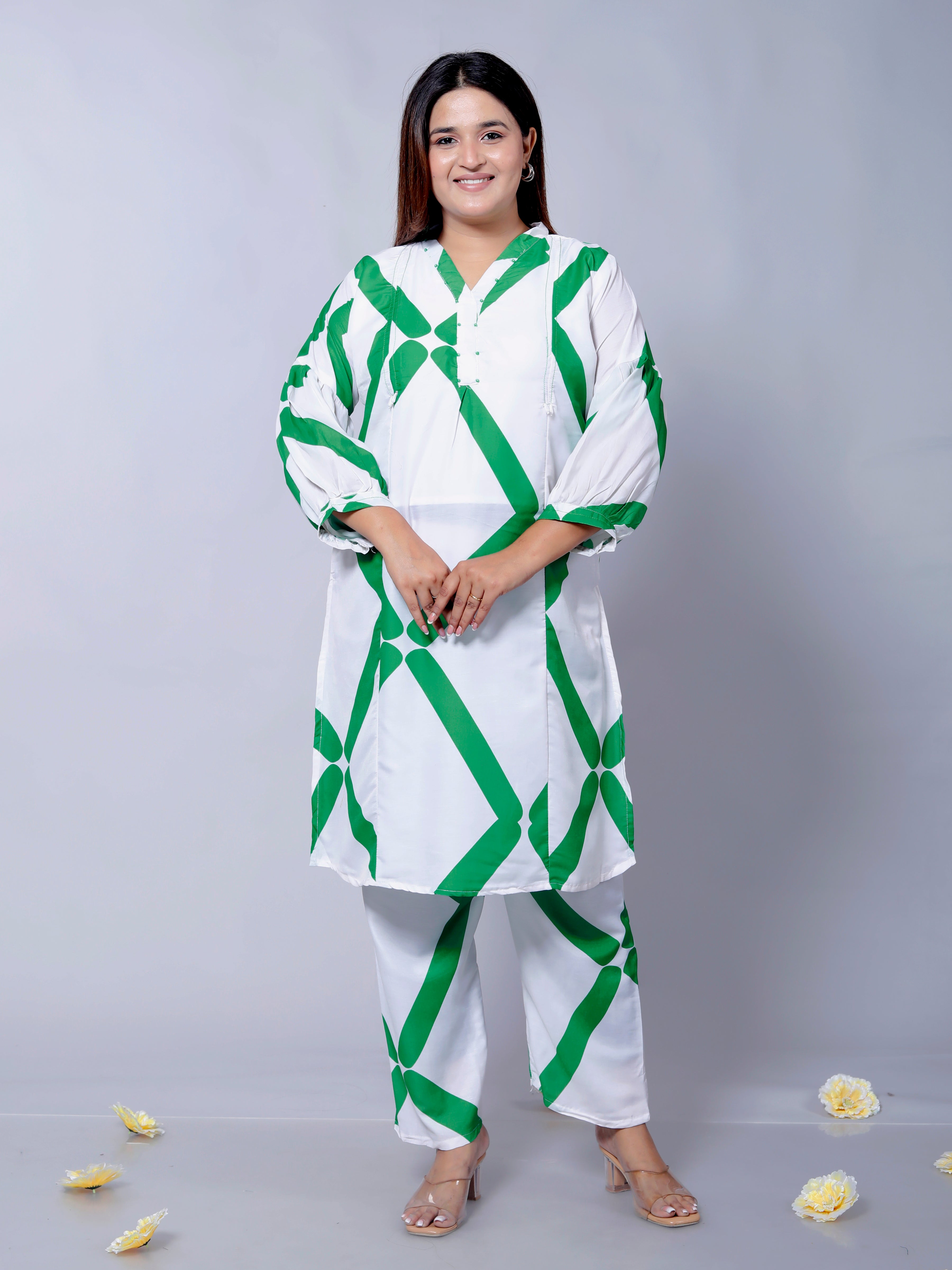 Green Clamp Party Co-Ord Set D01195 – Stylish Muslin Cotton Two-Piece Outfit