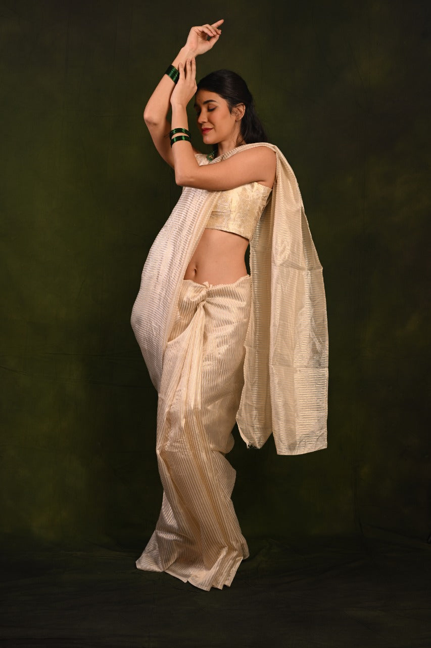 Pure Soft Organza Saree with Golden Zari Stripes & Brocade Blouse