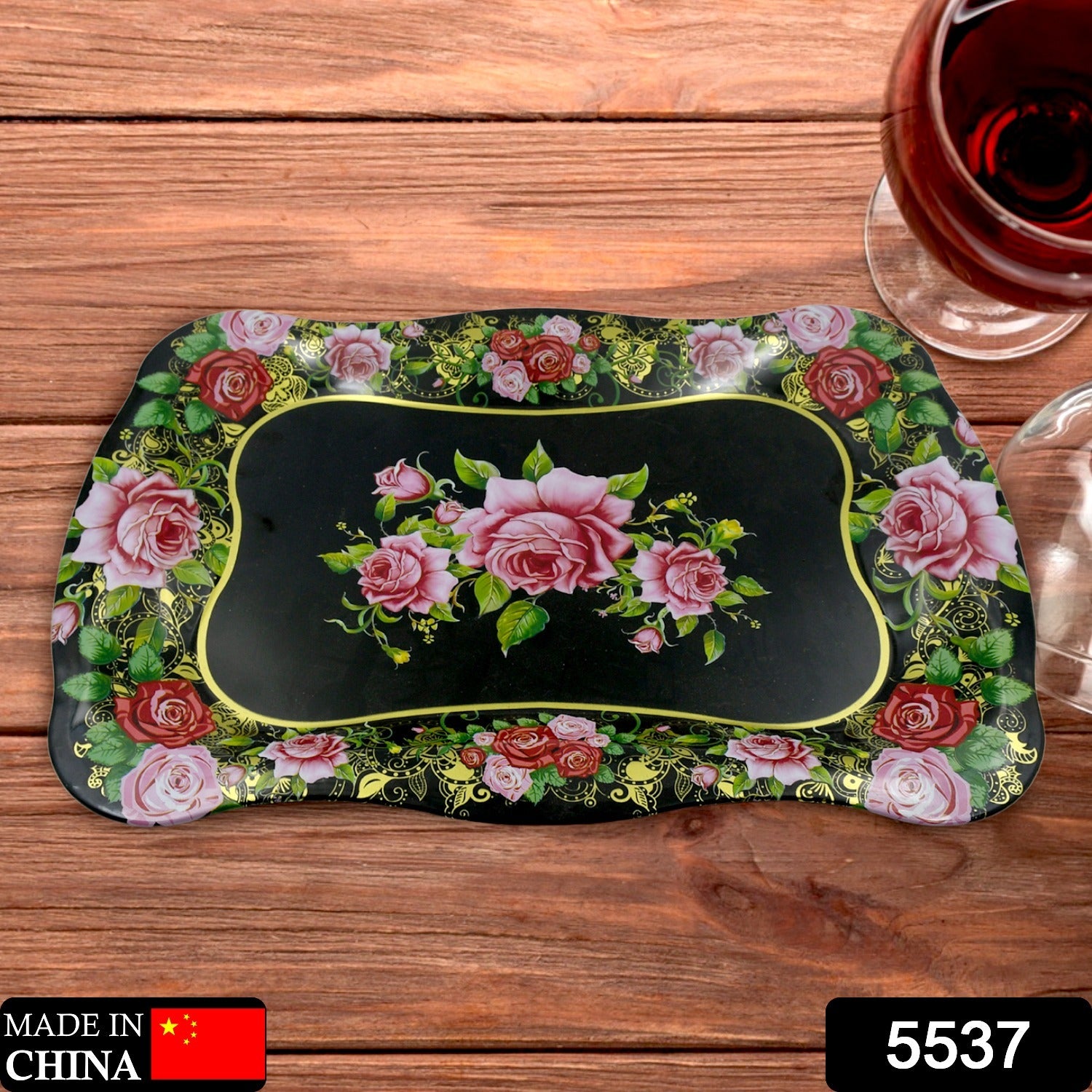 5537 Stainless Steel Serving Tray With Flower Printed Rectangle Premium Dining Table Plate (18 X 8.5 Inch  1 Pc)