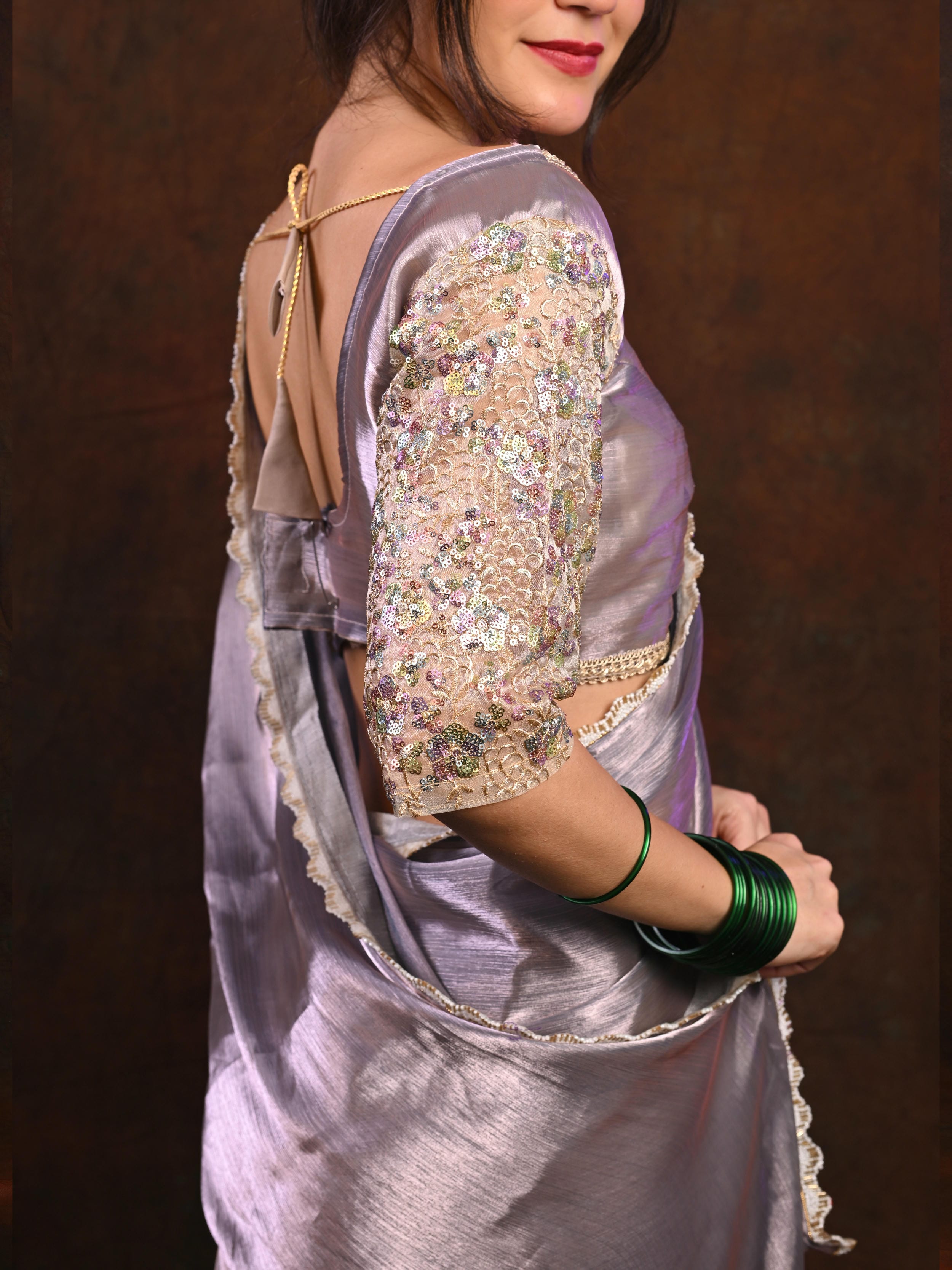 Premium Glass Tissue Silk Saree with Two-Tone Zari and Gold Lace Border