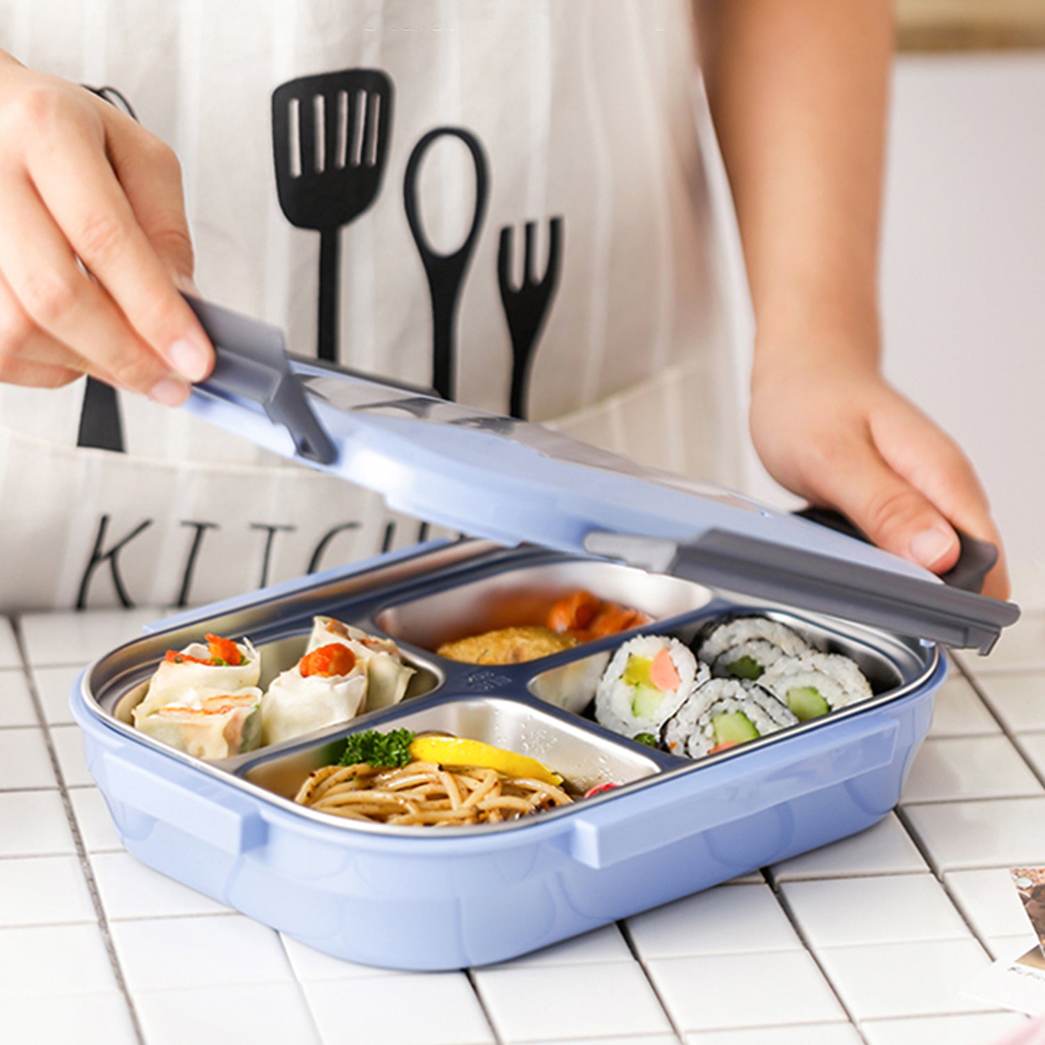 2979 Black Transparent 4 Compartment Lunch Box For Kids And Adults Stainless Steel Lunch Box With 4 Compartments.