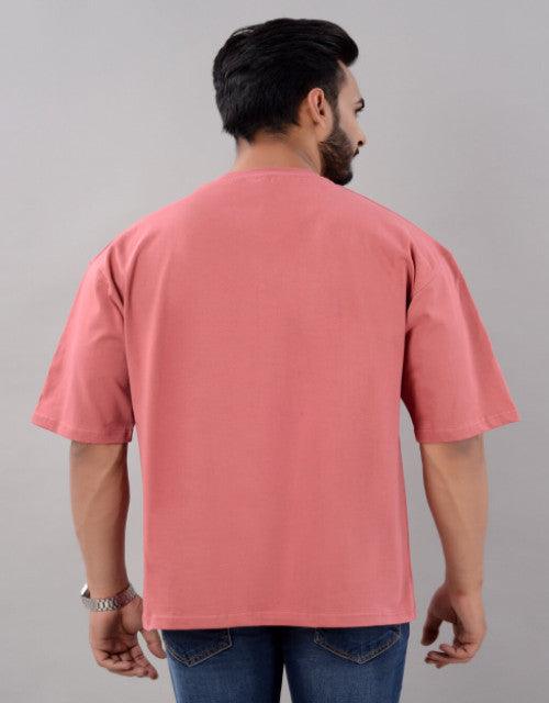 Cotton Blend Oversize Loose Fit Drop Shoulder Round Neck Half Sleeve Typography Peach T-Shirt for Men (SIZE- M,L,XL,XXL)