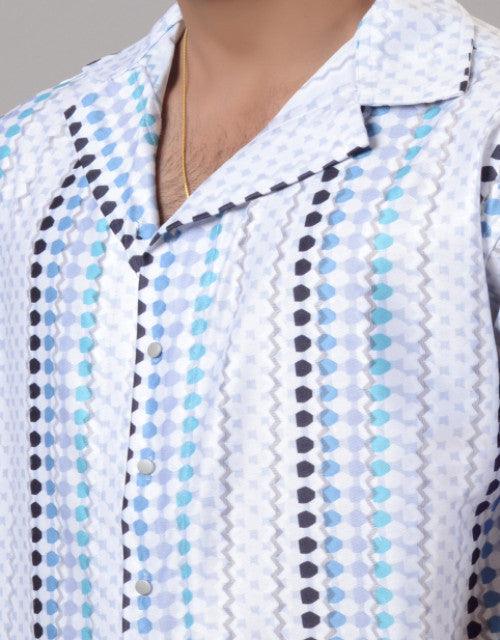 Men Blue Cotton Blend Printed Spread Collar Half Sleeves Oversized Casual Shirt (SIZE- M,L,XL)