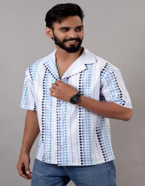 Men Blue Cotton Blend Printed Spread Collar Half Sleeves Oversized Casual Shirt (SIZE- M,L,XL)