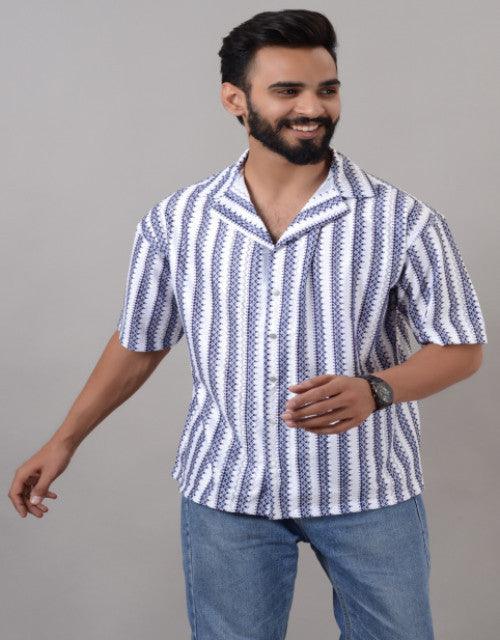 Men Blue Cotton Blend Striped Spread Collar Half Sleeves Oversized Casual Shirt (SIZE- M,L,XL)