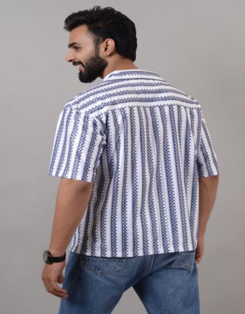 Men Blue Cotton Blend Striped Spread Collar Half Sleeves Oversized Casual Shirt (SIZE- M,L,XL)