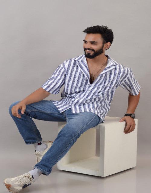 Men Blue Cotton Blend Striped Spread Collar Half Sleeves Oversized Casual Shirt (SIZE- M,L,XL)