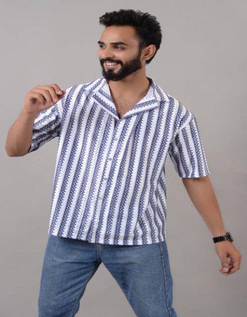 Men Blue Cotton Blend Striped Spread Collar Half Sleeves Oversized Casual Shirt (SIZE- M,L,XL)