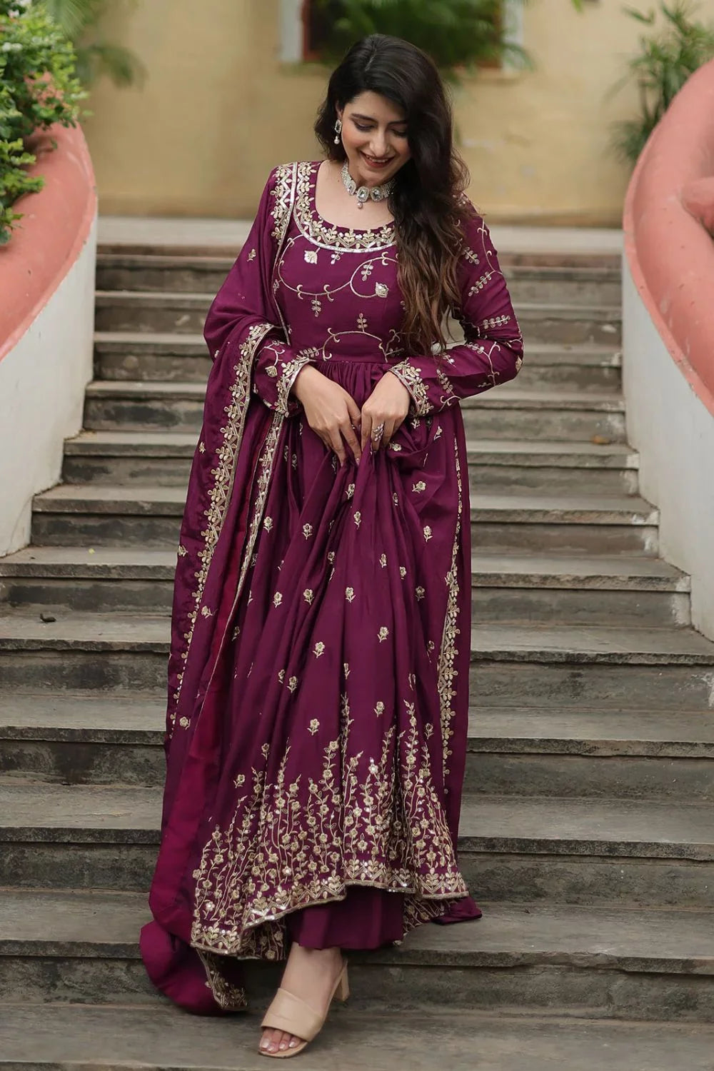 Wine Chinon Sharara Suit with Sequins Embroidery L