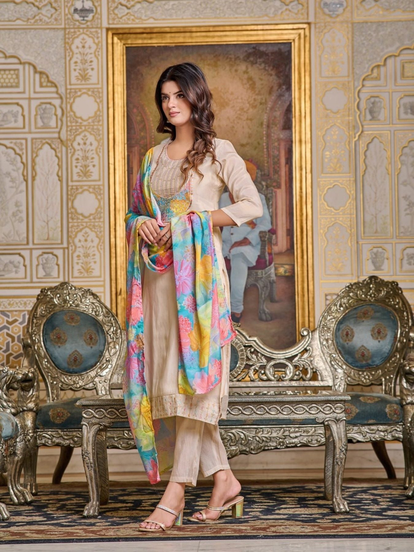 Women’s Embroidery Simar Kurti With Pant & Dupatta Set