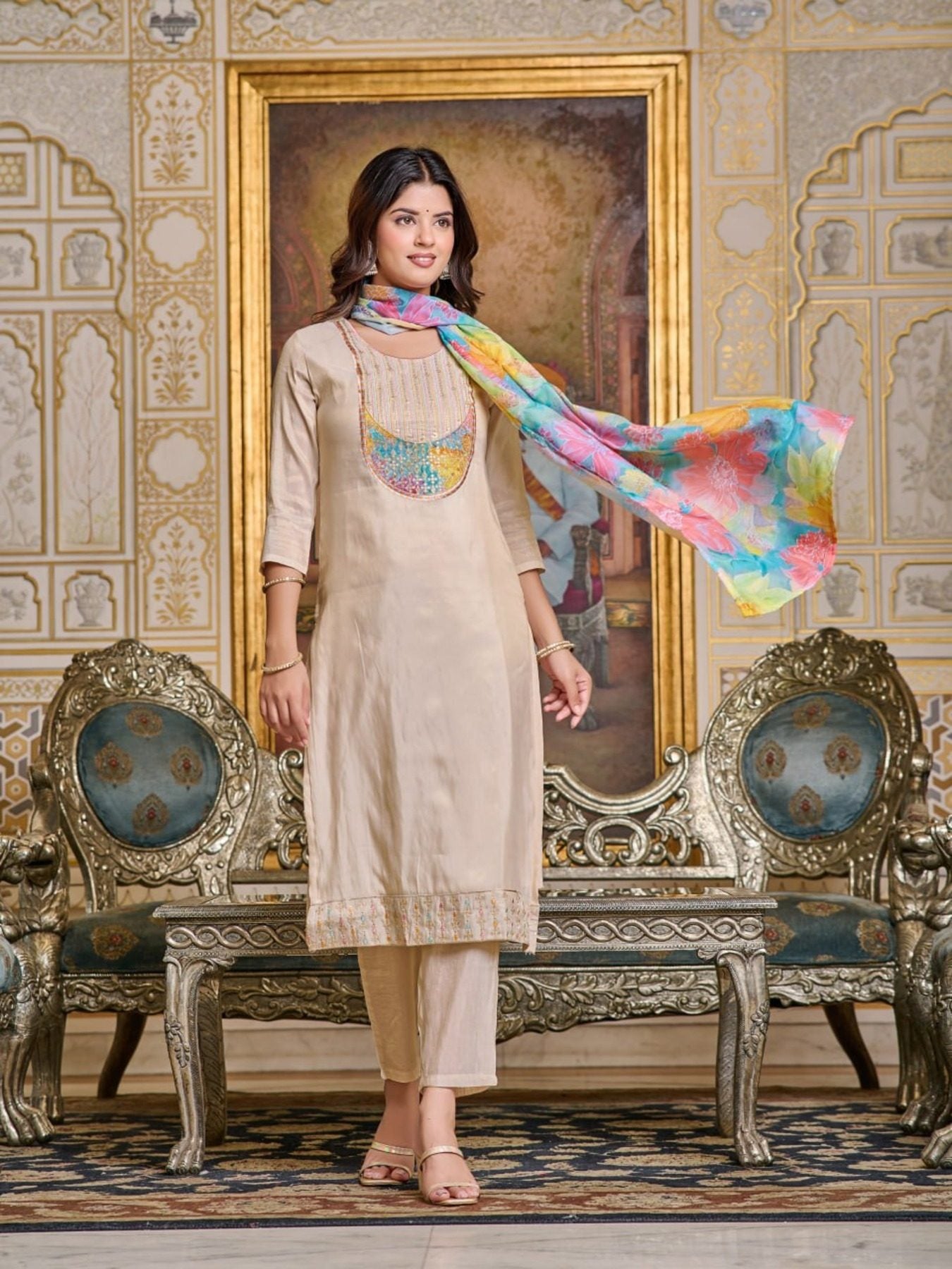 Women’s Embroidery Simar Kurti With Pant & Dupatta Set