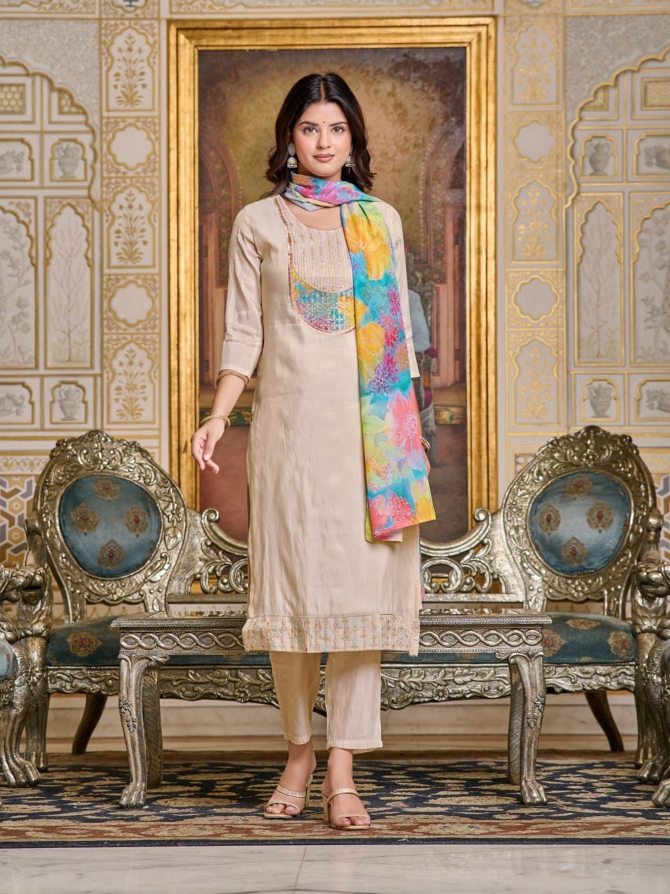 Women’s Embroidery Simar Kurti With Pant & Dupatta Set