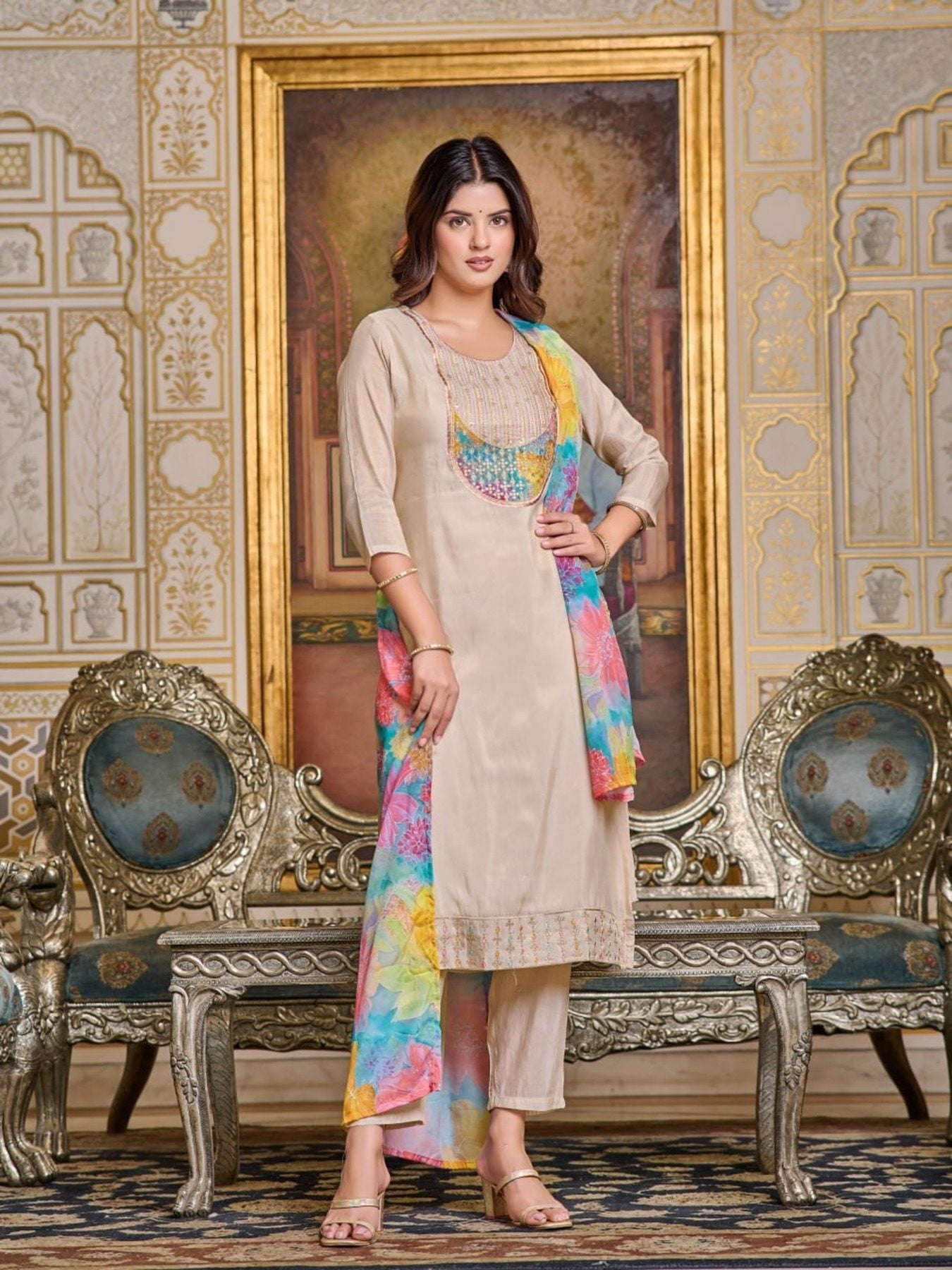 Women’s Embroidery Simar Kurti With Pant & Dupatta Set