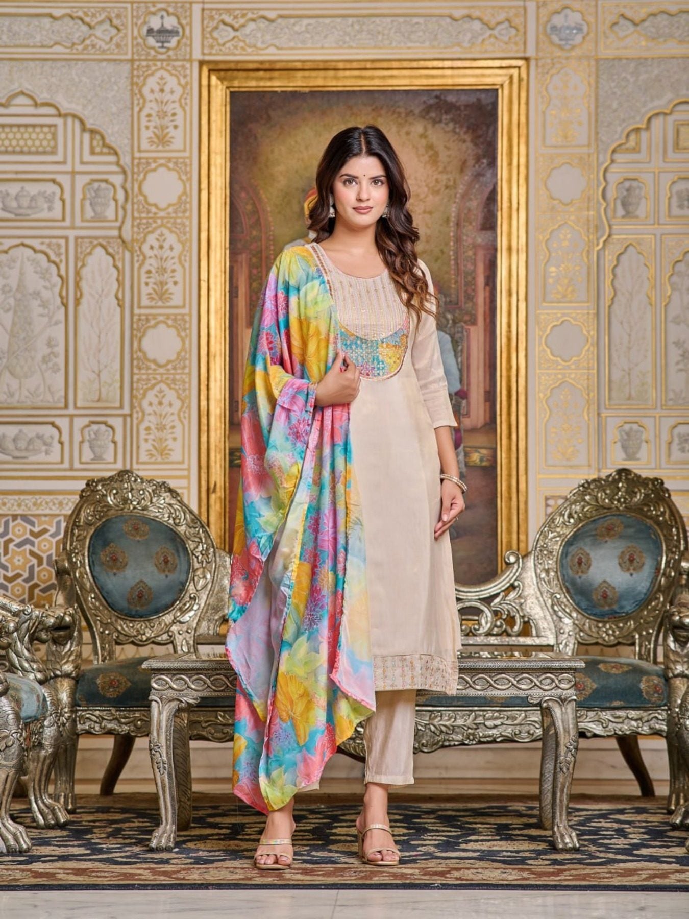 Women’s Embroidery Simar Kurti With Pant & Dupatta Set