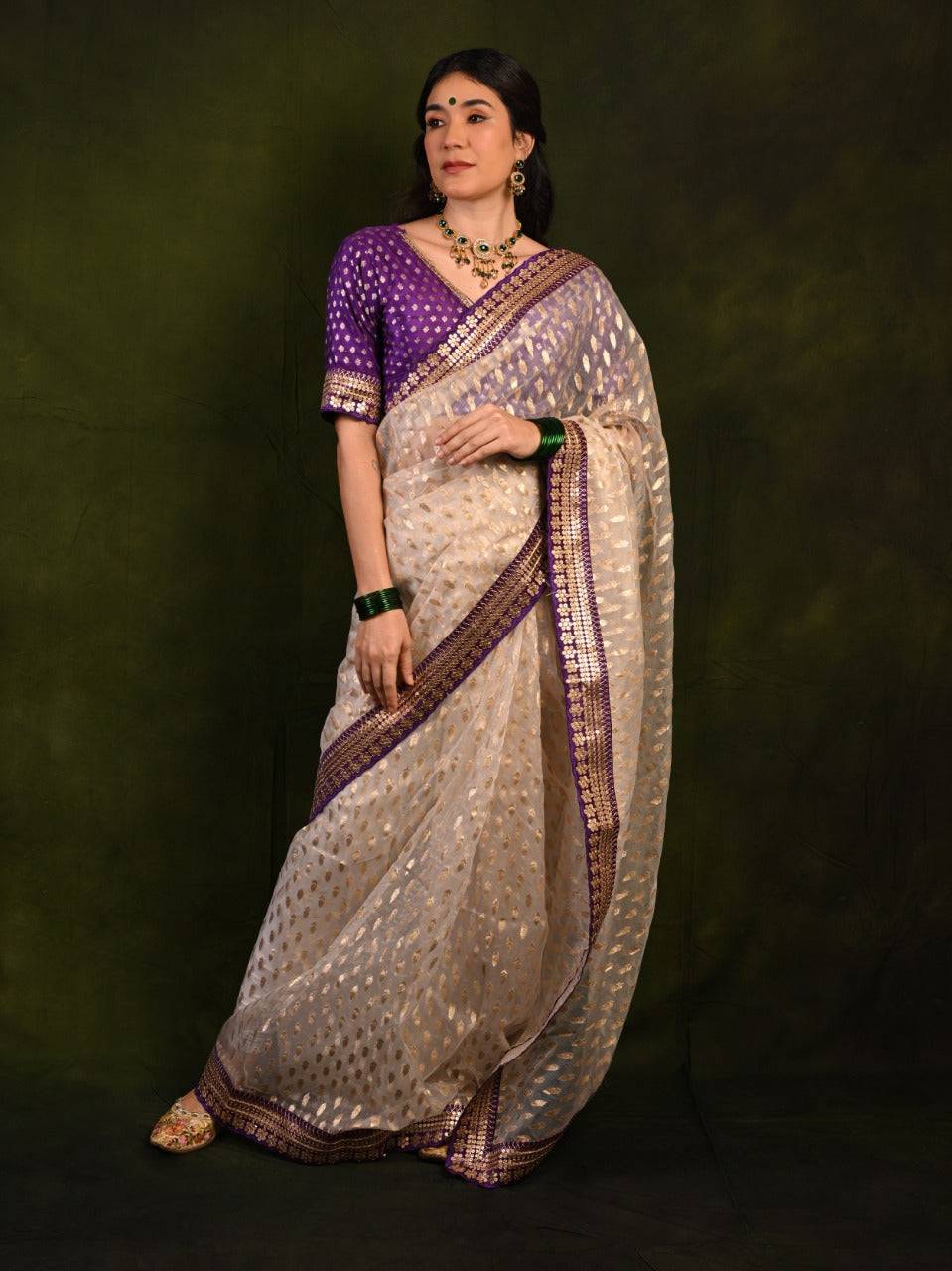 Organza Saree with Coding Lace and Banarsi Silk Unstitched Blouse