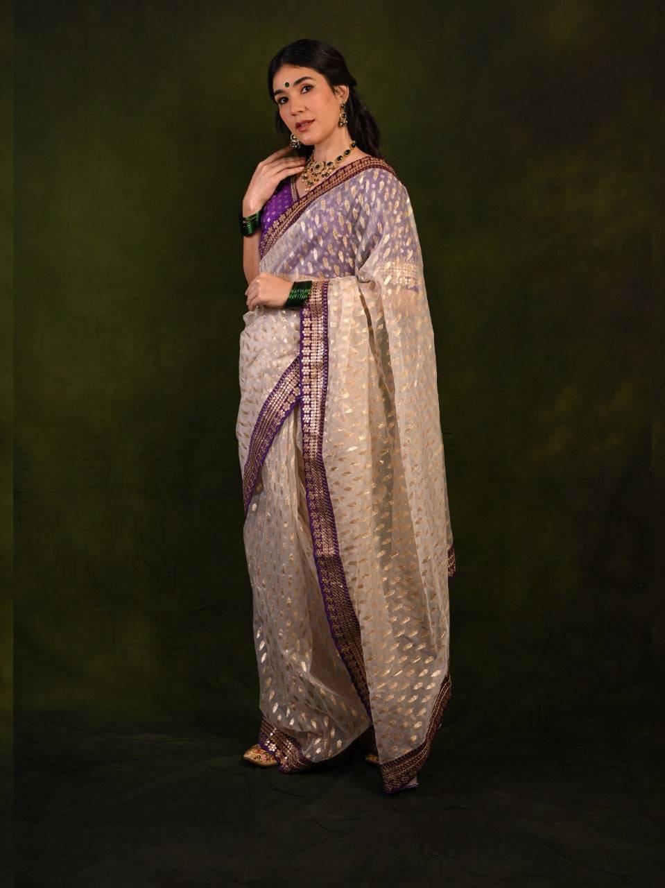 Organza Saree with Coding Lace and Banarsi Silk Unstitched Blouse