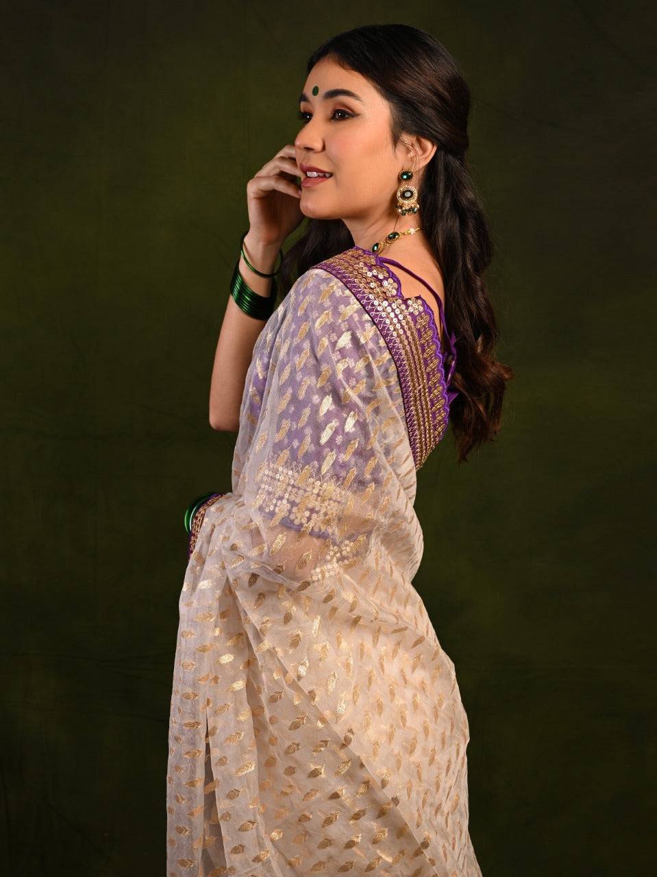 Organza Saree with Coding Lace and Banarsi Silk Unstitched Blouse