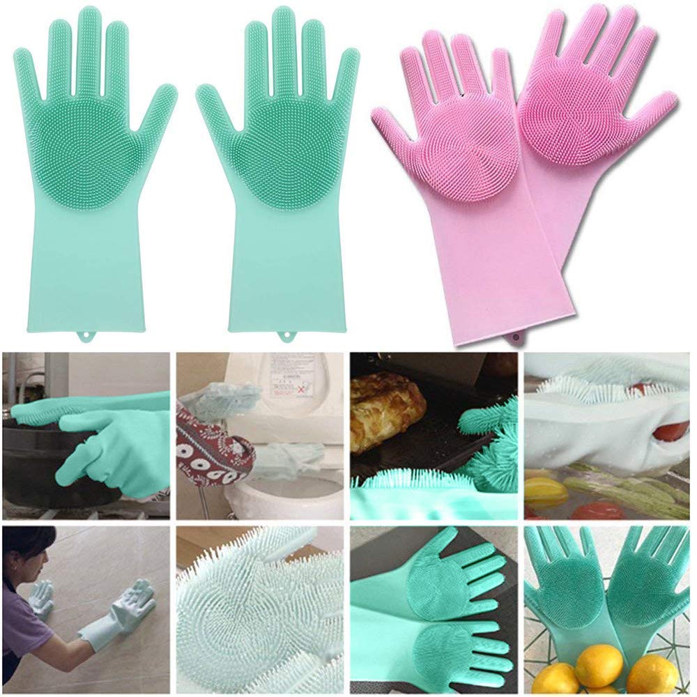 Silicone Hand Gloves for Dish Washing Kitchen Bathroom Car Cleaning Pet Grooming Set