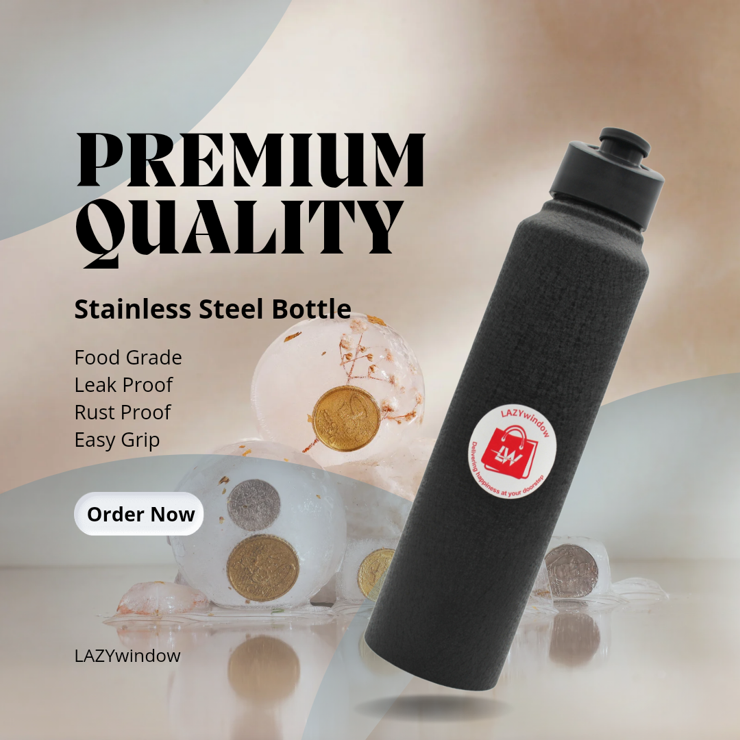 Stainless Steel Fridge Water Bottle / Refrigerator Bottle / Thunder with Sipper Cap ( Pack of 1, Black Colour, 1000 ml )