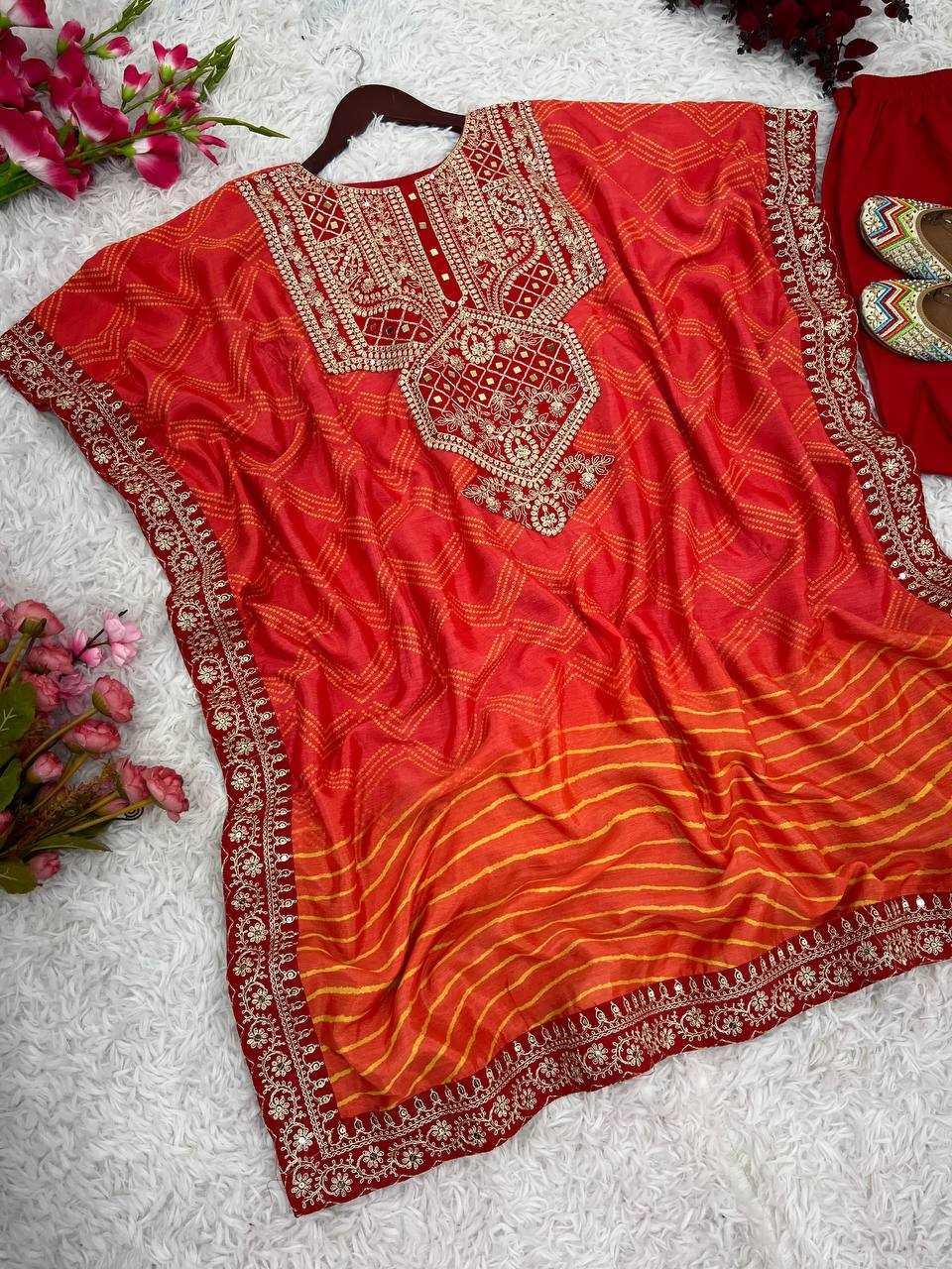 PRINTED KURTIS WITH BOTTOM MIRROR WORK FANCY EMBROIDERED