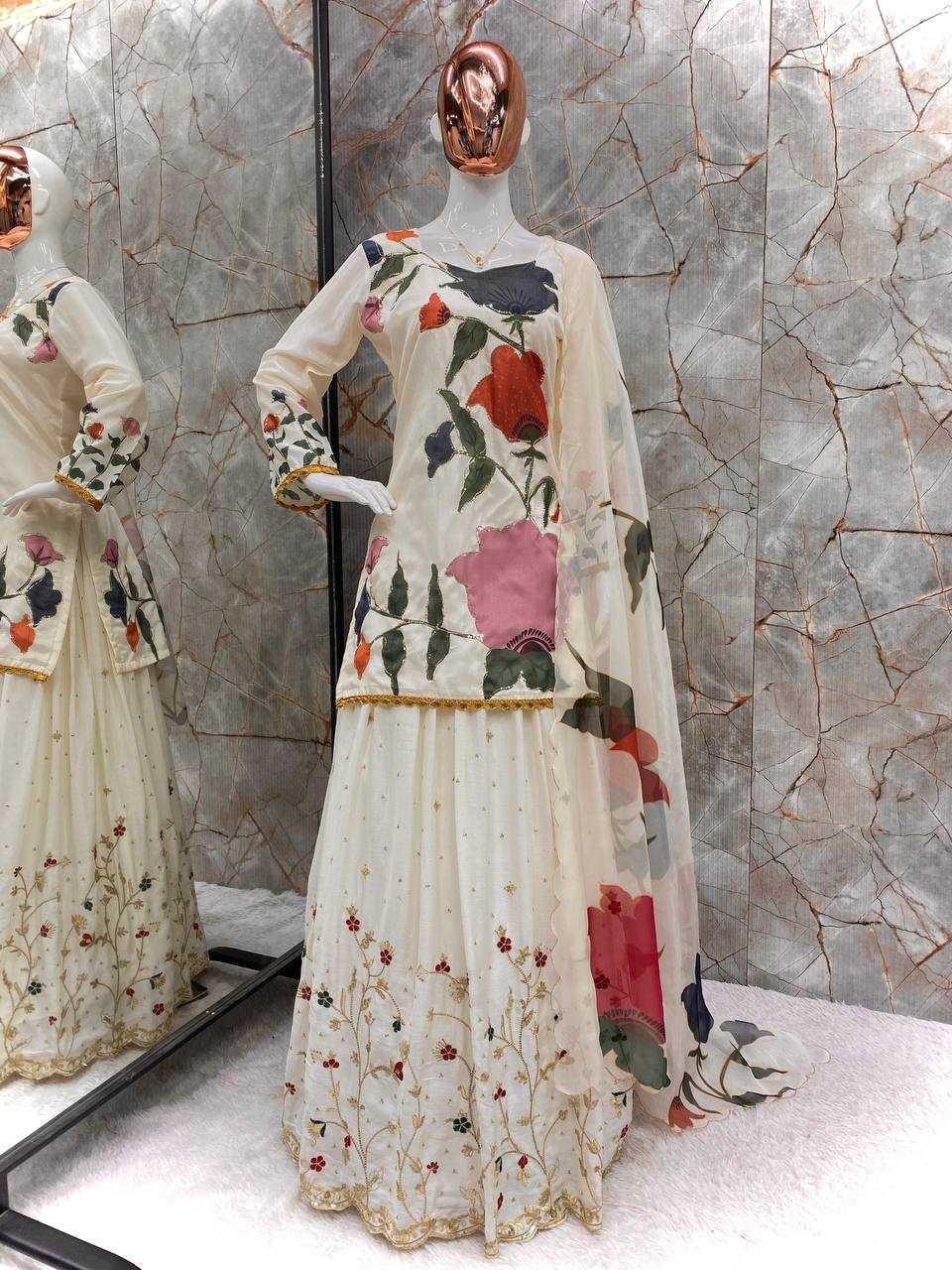 SHARARA SALWAR PRINTED EMBROIDERY LADIES SILK WEDDING SUITS