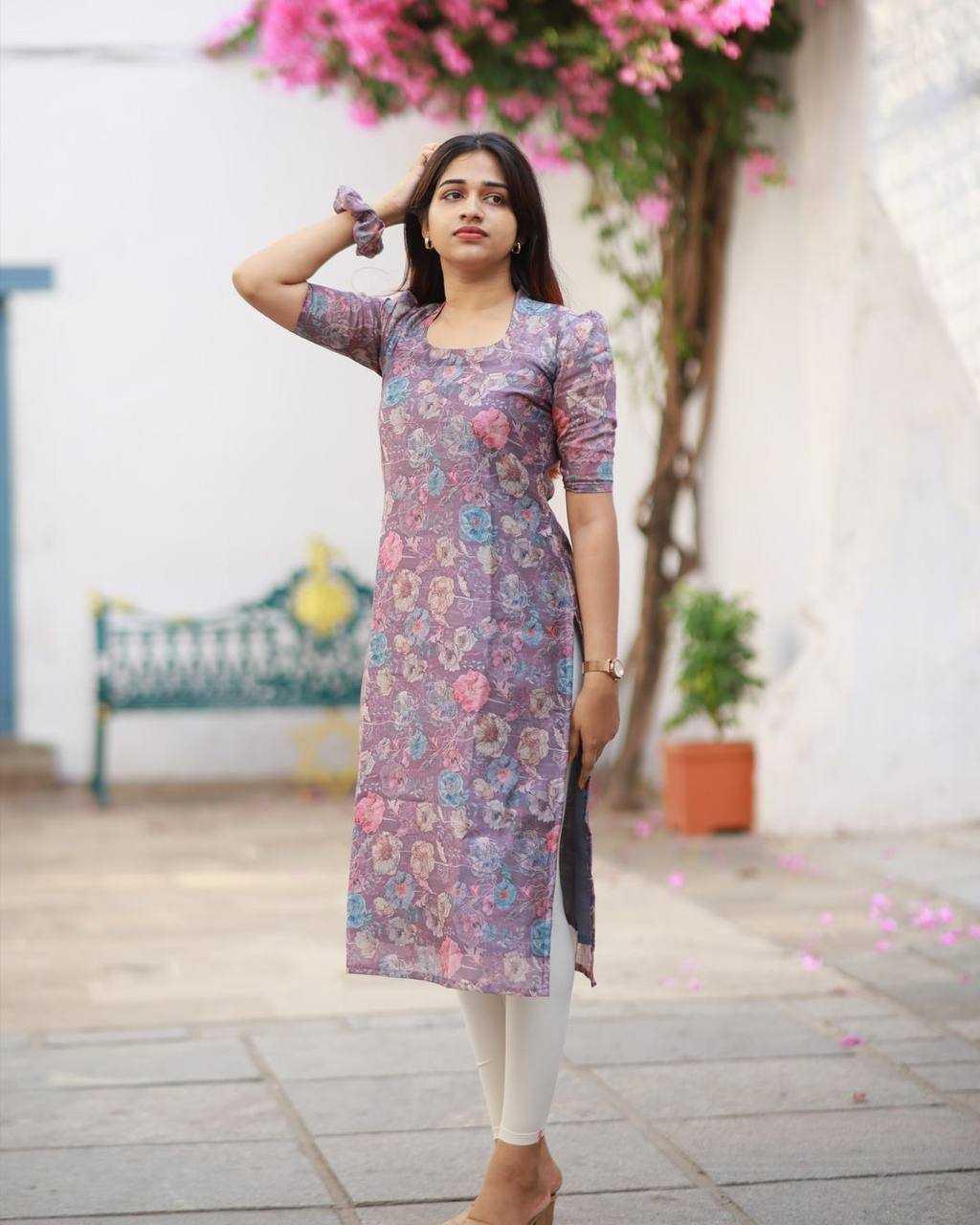 PRINTED COTTON FANCY HALF SLEEVE PURPLE KURTIS