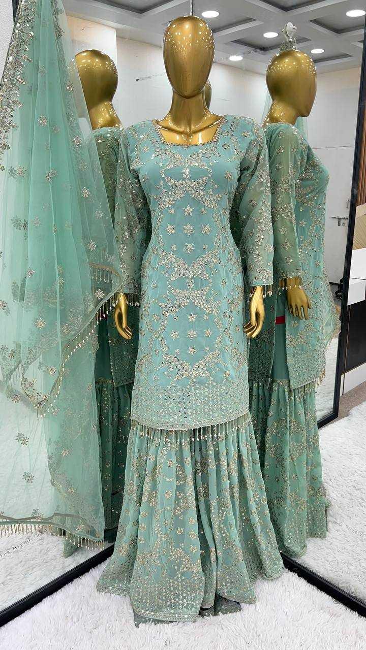 SHARARA SALWAR EMBROIDERY GEORGETTE WEDDING ZARI WORK SUITS