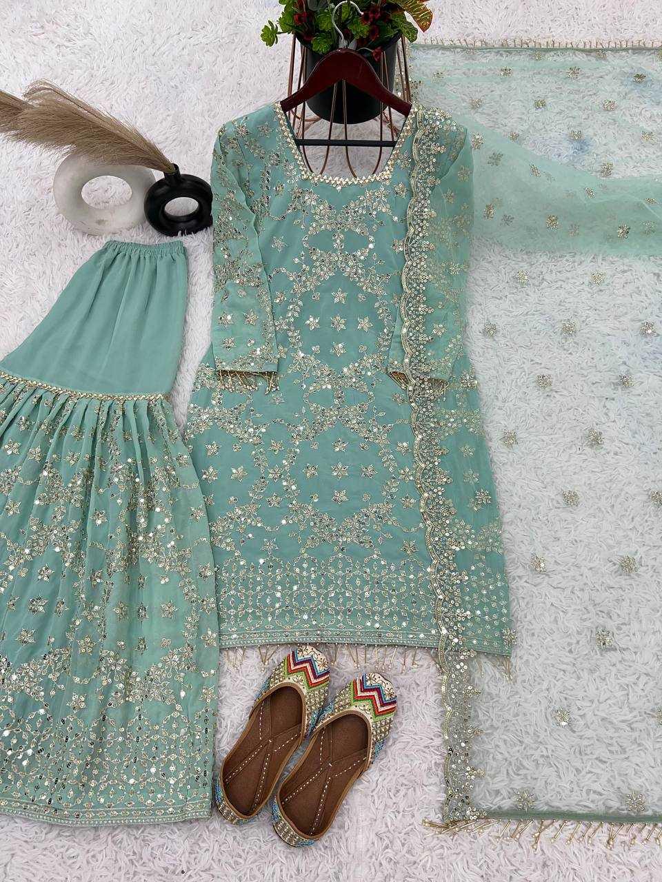 SHARARA SALWAR EMBROIDERY GEORGETTE WEDDING ZARI WORK SUITS