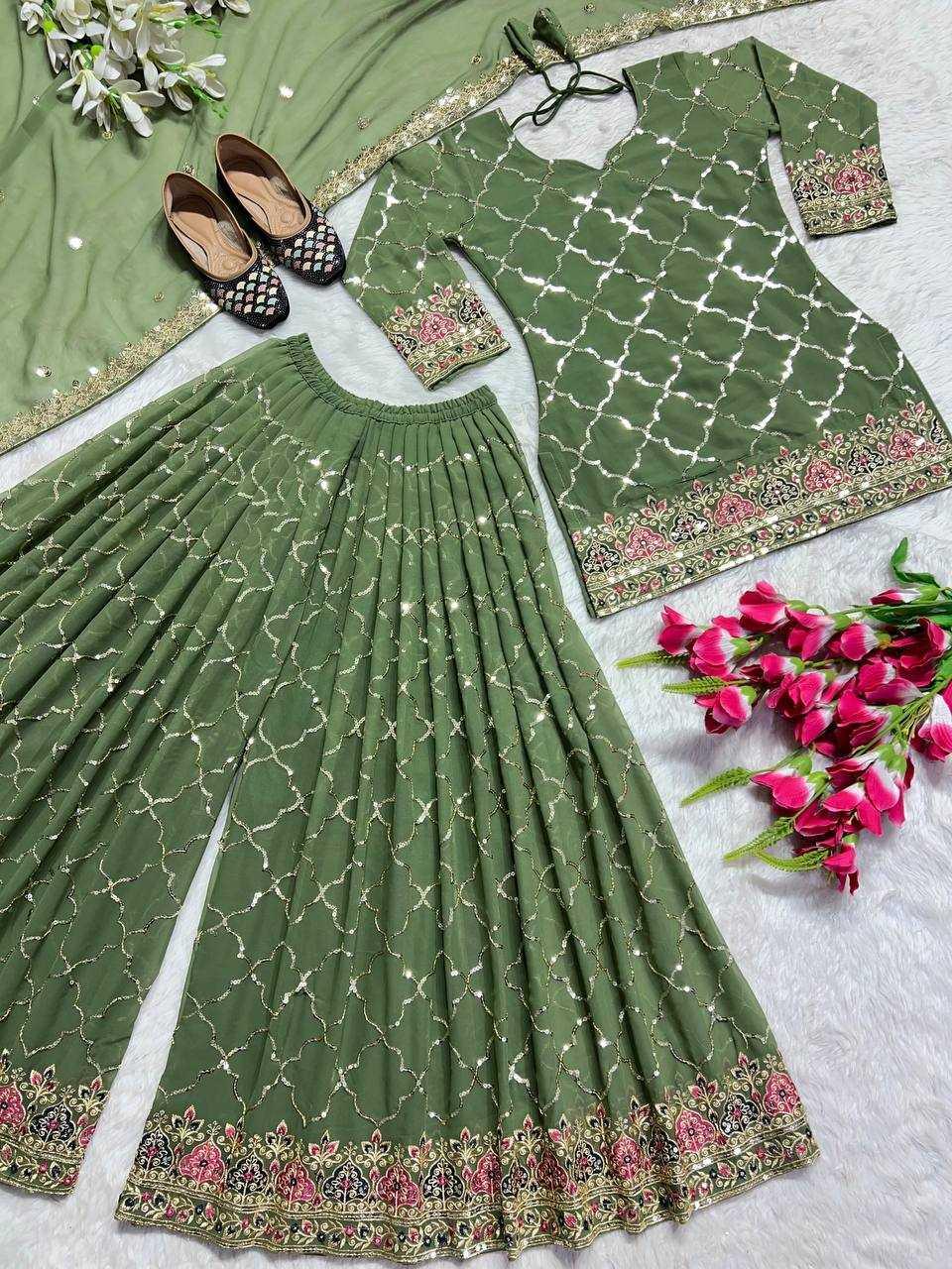 GEORGETTE EMBROIDERED SHARARA SALWAR ZARI WORK DIWALI COLLECTIONS SUITS