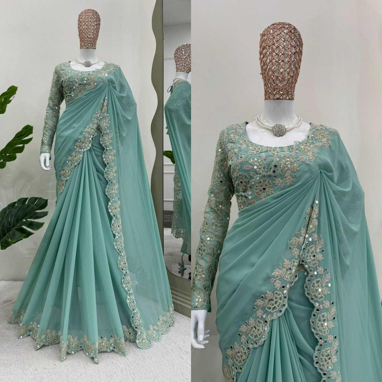 GEORGETTE LACE BRODER CUTWORK MIRROR WORK SAREES