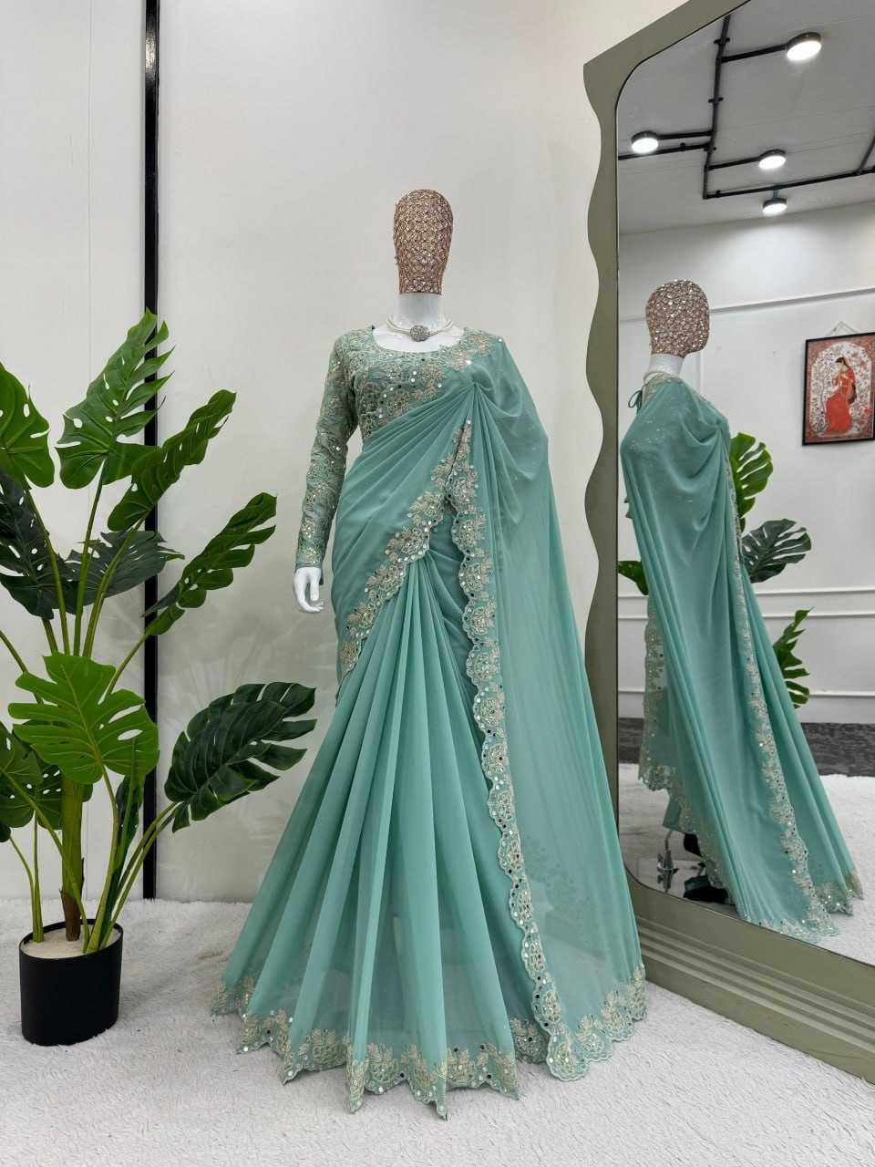 GEORGETTE LACE BRODER CUTWORK MIRROR WORK SAREES