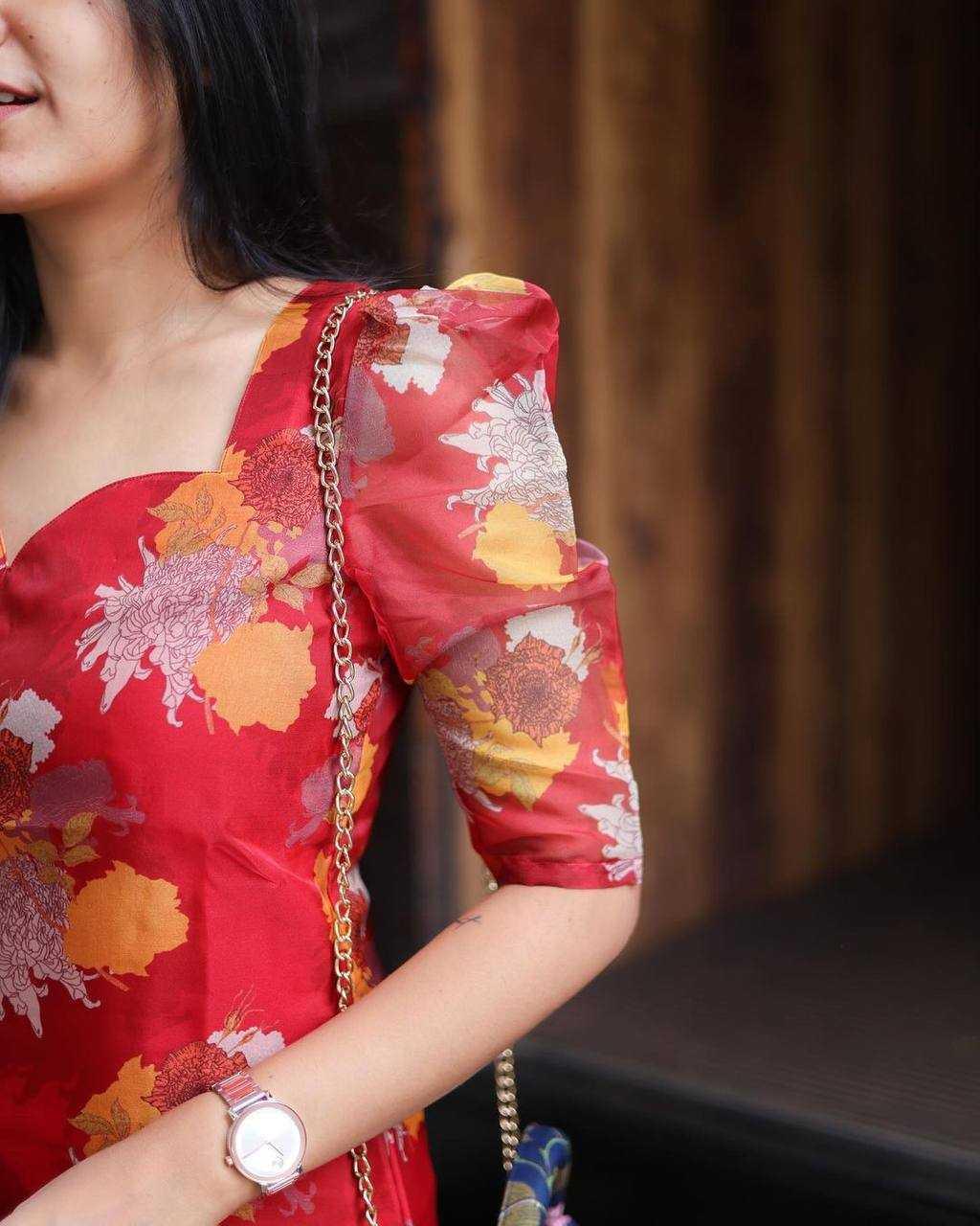 CAUSAL PRINTED HALF SLEEVE V-NECK RED KURTIS