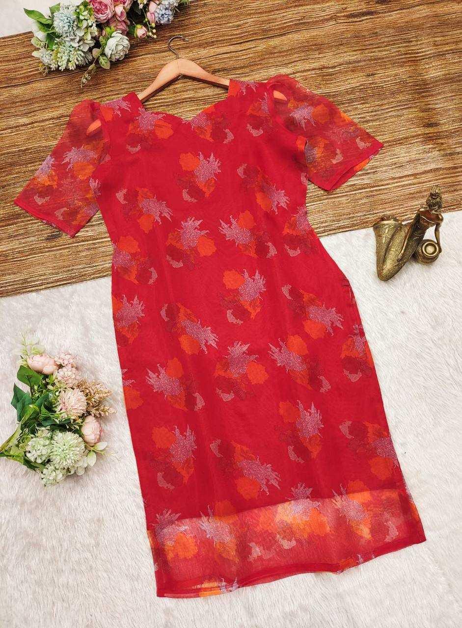 CAUSAL PRINTED HALF SLEEVE V-NECK RED KURTIS